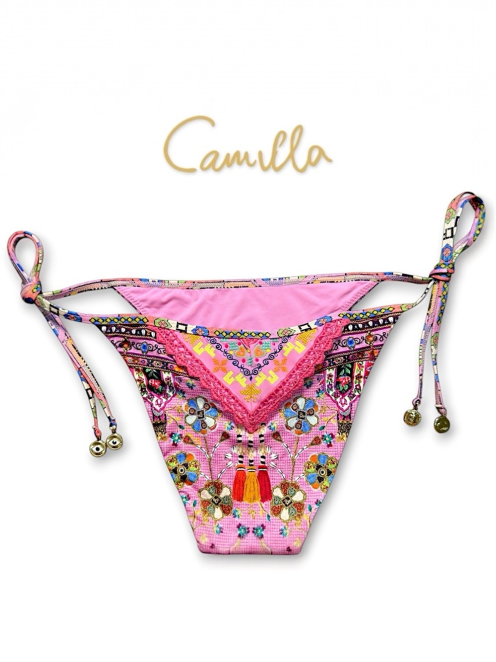 Camilla Patchwork Panorama Limited Edition Tassel Swim Bikini Bottom Pink S NWOT